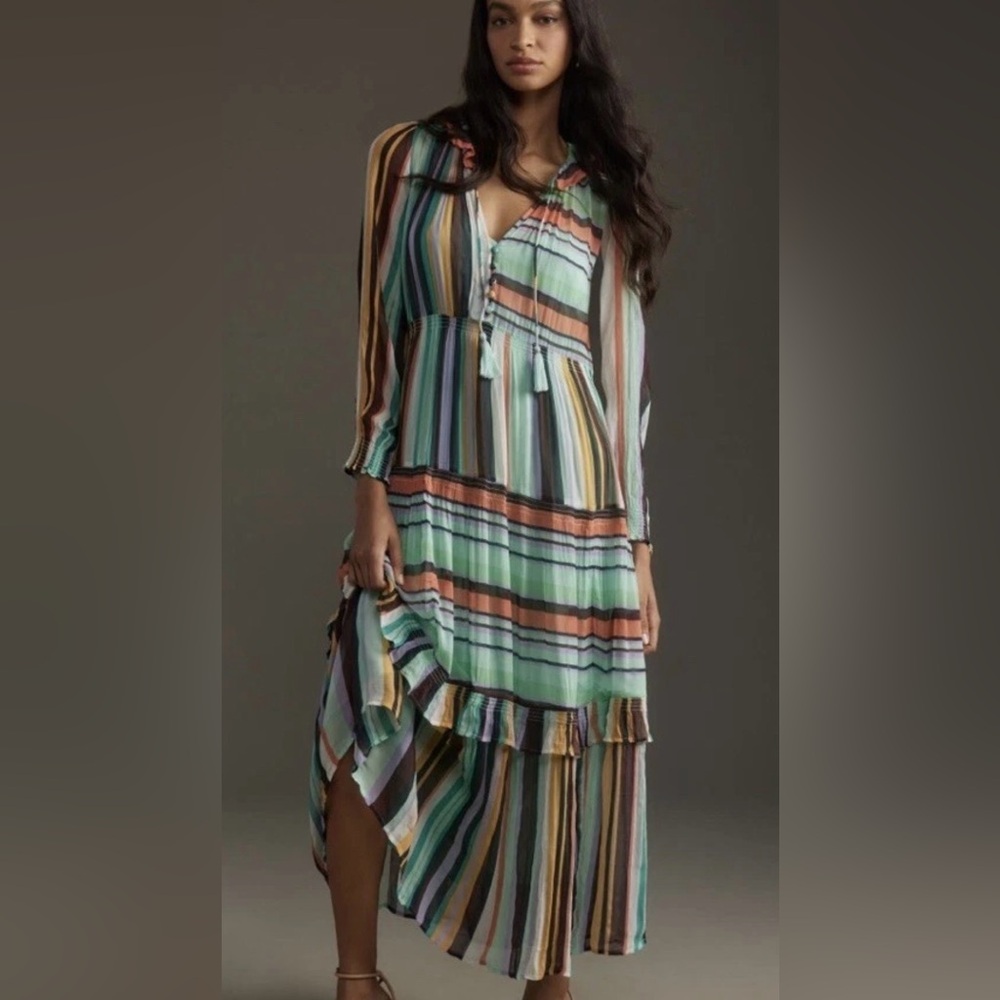 X098.Anthropologie  Marais Printed Chiffon Maxi Dress Striped Long Sleeve Tiered